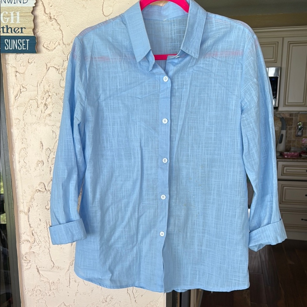 Blue Cotton linen Blend Blouse with Button-Down Collar